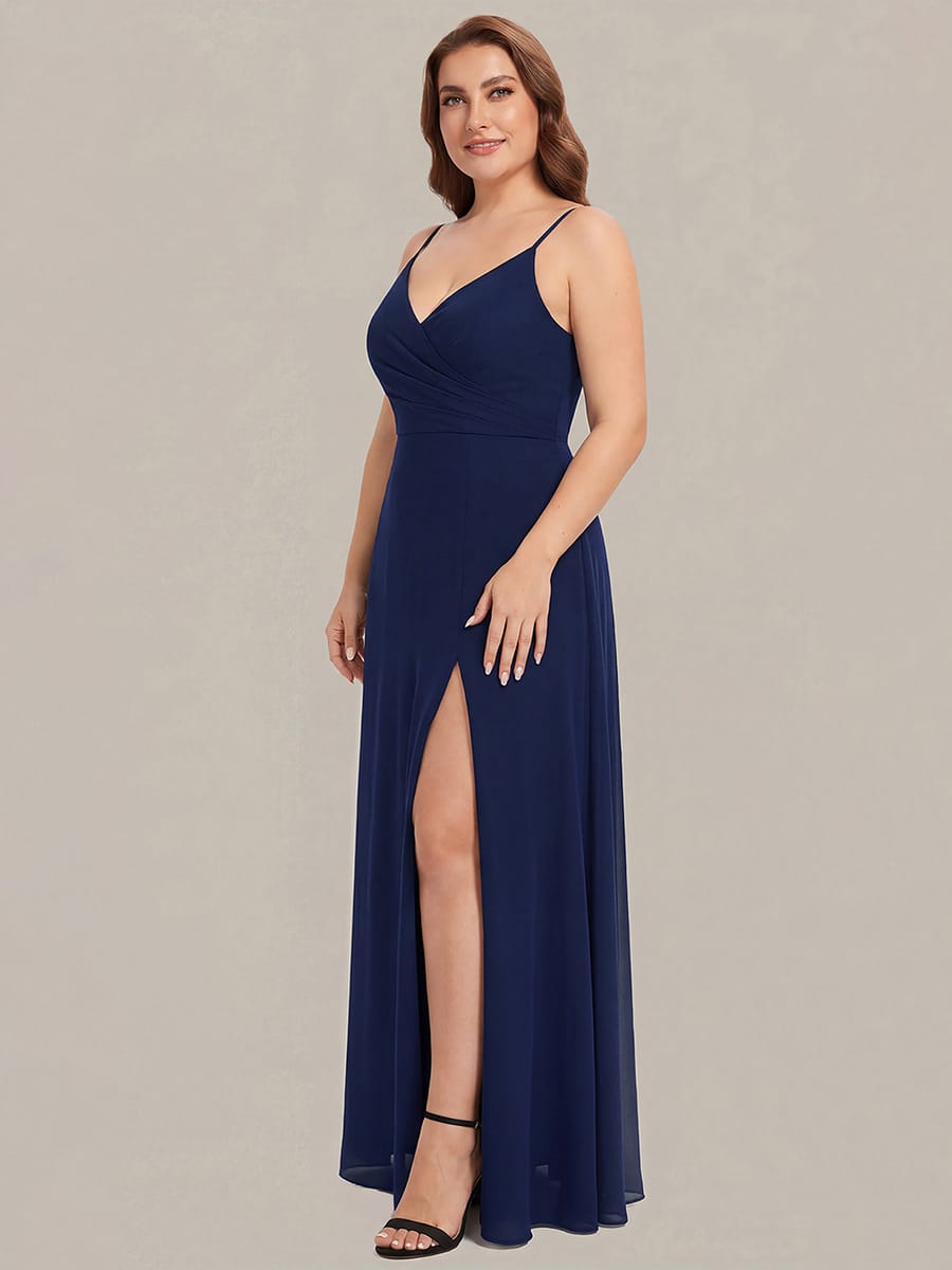 Spaghetti Strap Pleated V-Neck High Slit Bridesmaid Dress #color_Navy Blue