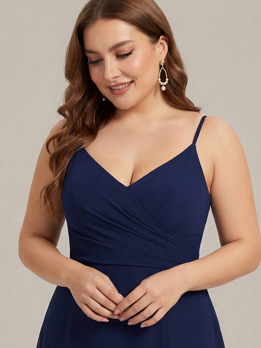 Spaghetti Strap Pleated V-Neck High Slit Bridesmaid Dress #color_Navy Blue