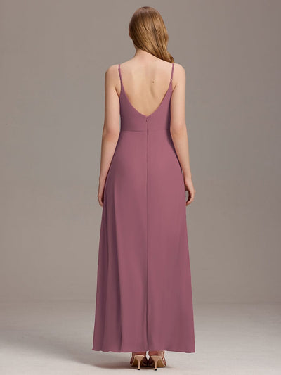 Spaghetti Strap Pleated V-Neck High Slit Bridesmaid Dress #color_Purple Orchid