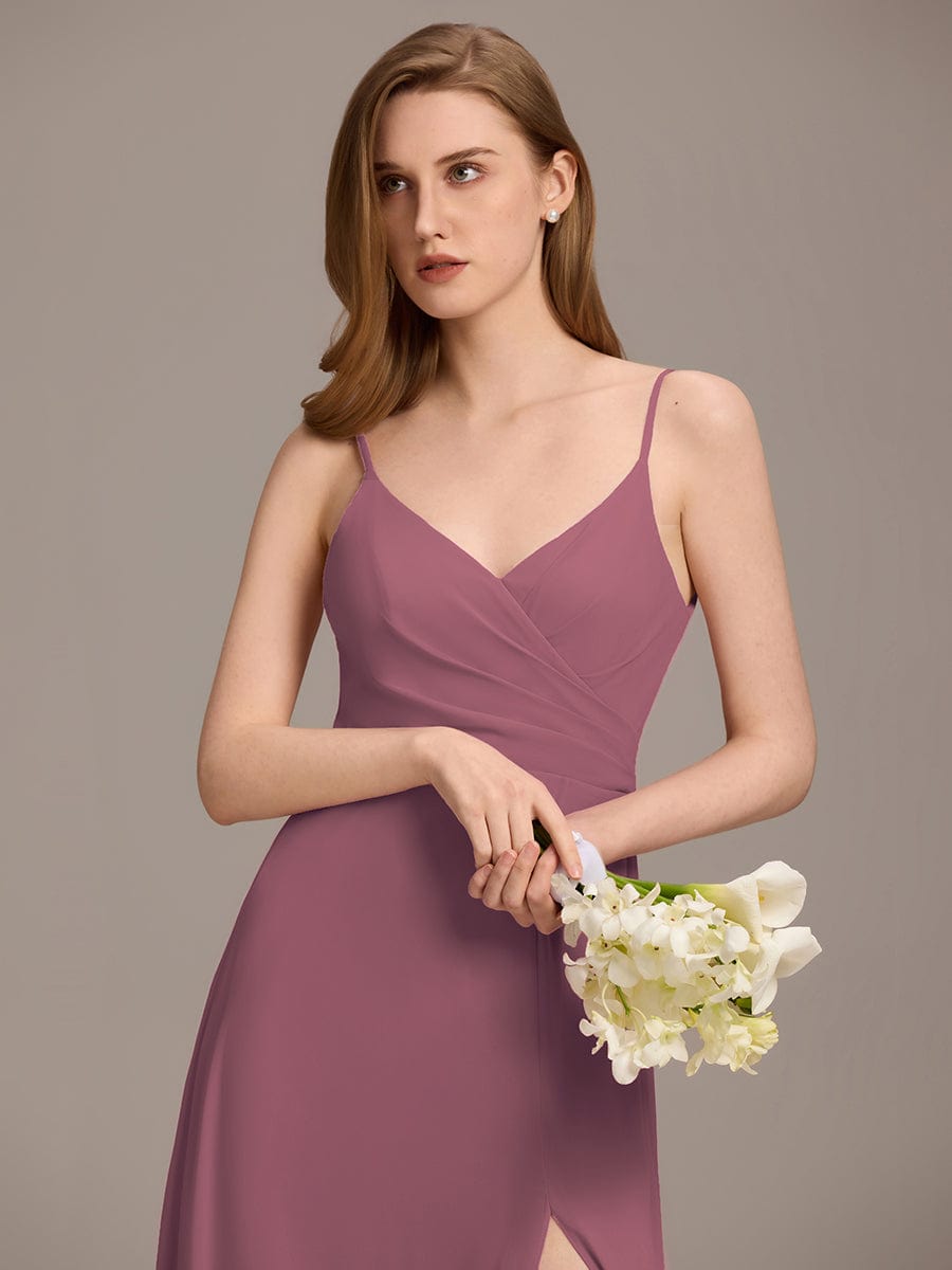 Spaghetti Strap Pleated V-Neck High Slit Bridesmaid Dress #color_Purple Orchid