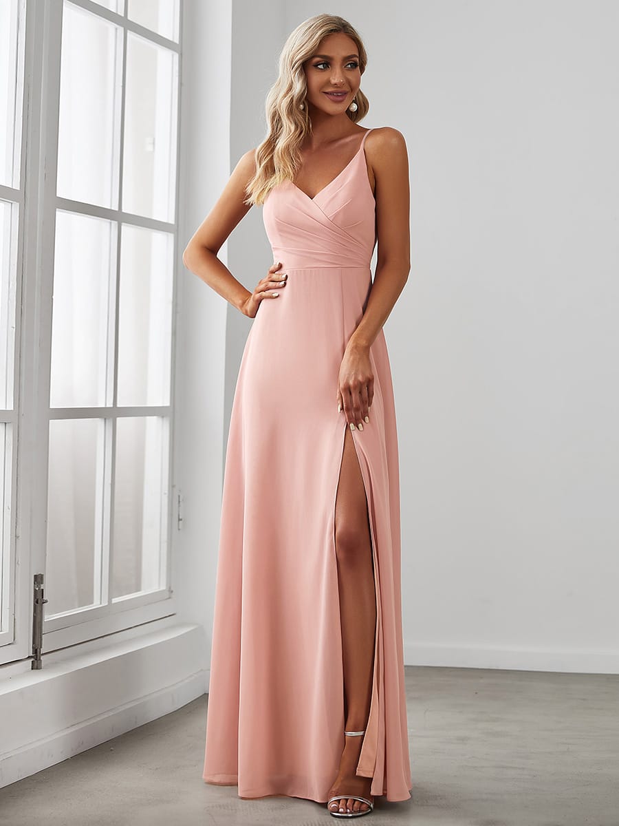 Spaghetti Strap Pleated V-Neck High Slit Bridesmaid Dress #color_Pink