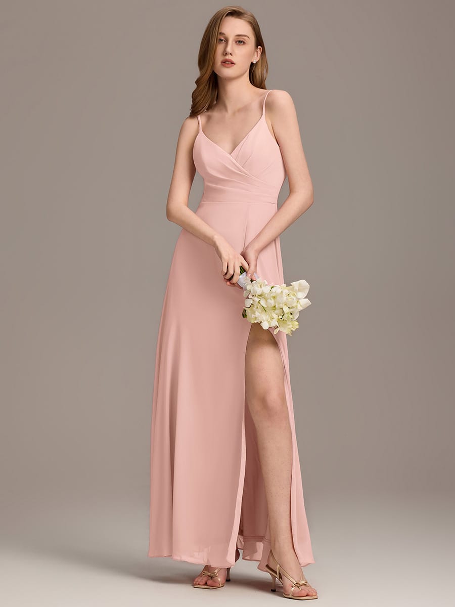 Spaghetti Strap Pleated V-Neck High Slit Bridesmaid Dress #color_Pink
