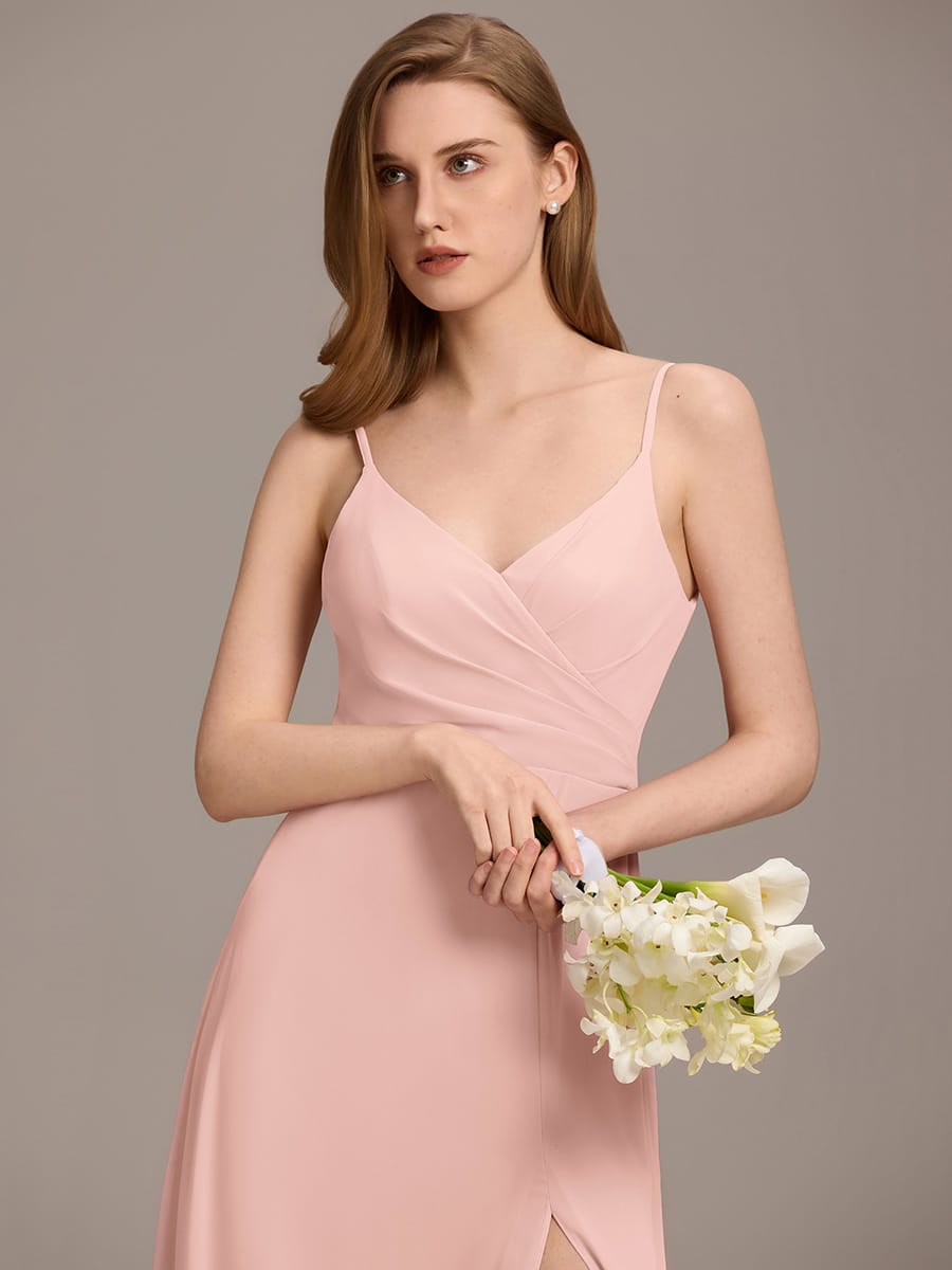 Spaghetti Strap Pleated V-Neck High Slit Bridesmaid Dress #color_Pink