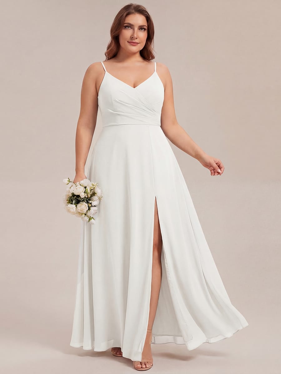 Spaghetti Strap Pleated V-Neck High Slit Bridesmaid Dress #color_White