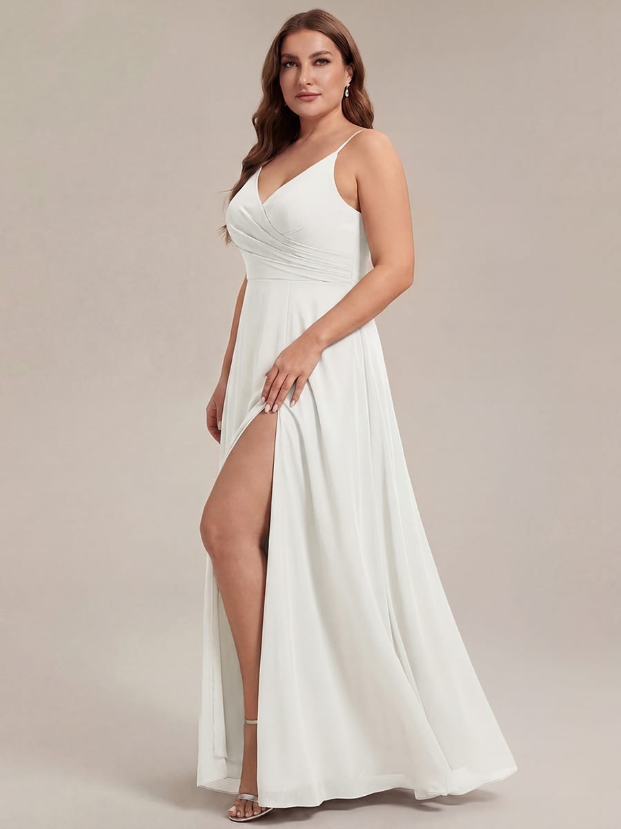Spaghetti Strap Pleated V-Neck High Slit Bridesmaid Dress #color_White