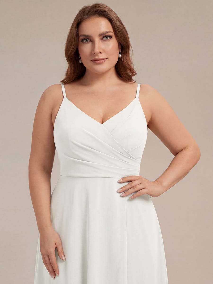 Spaghetti Strap Pleated V-Neck High Slit Bridesmaid Dress #color_White