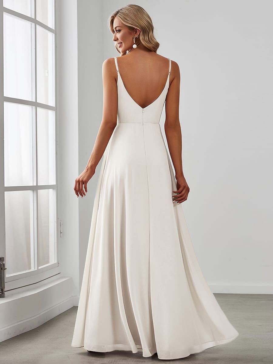 Spaghetti Strap Pleated V-Neck High Slit Bridesmaid Dress #color_White