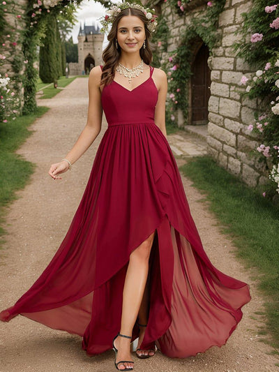 Chiffon Sweetheart Spaghetti Strap Ruffled Front Slit A-Line Bridesmaid Dress #color_Burgundy