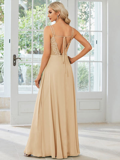Chiffon and Lace Open Back Bridesmaid Dress with Spaghetti Straps #color_Champagne