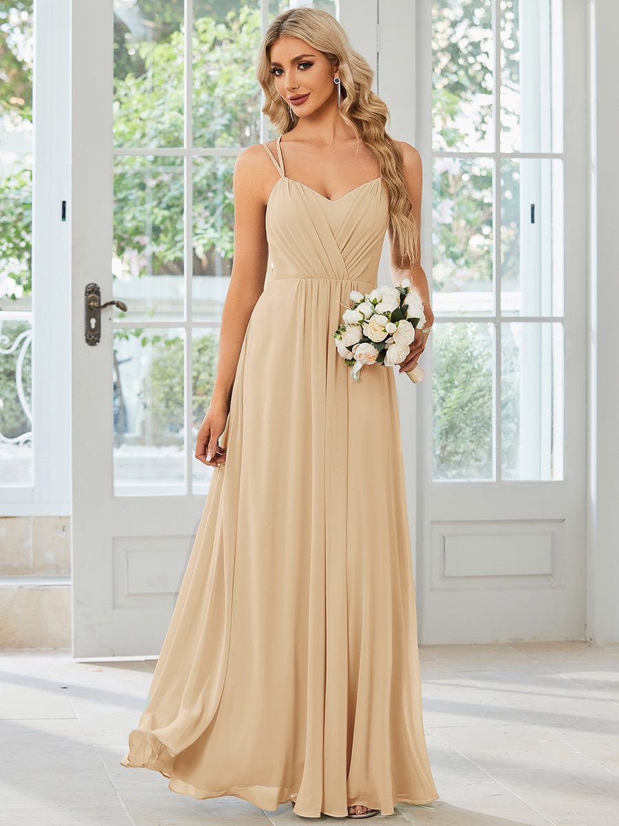 Chiffon and Lace Open Back Bridesmaid Dress with Spaghetti Straps #color_Champagne
