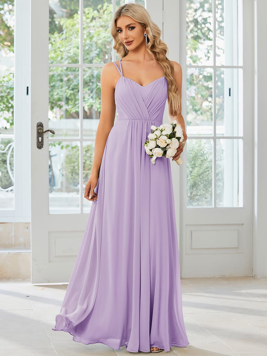 Chiffon and Lace Open Back Bridesmaid Dress with Spaghetti Straps #color_Frosted Lilac