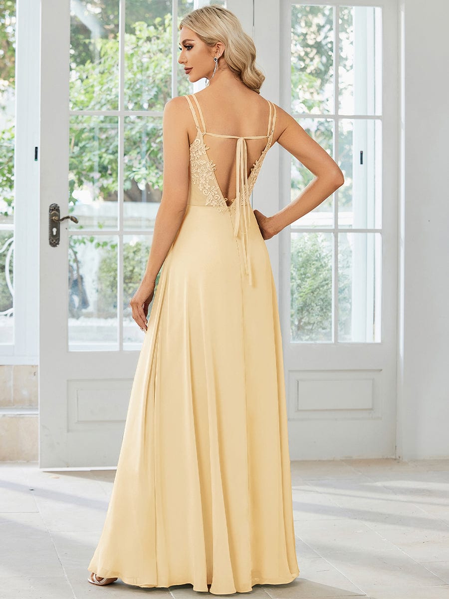 Chiffon and Lace Open Back Bridesmaid Dress with Spaghetti Straps #color_Yellow