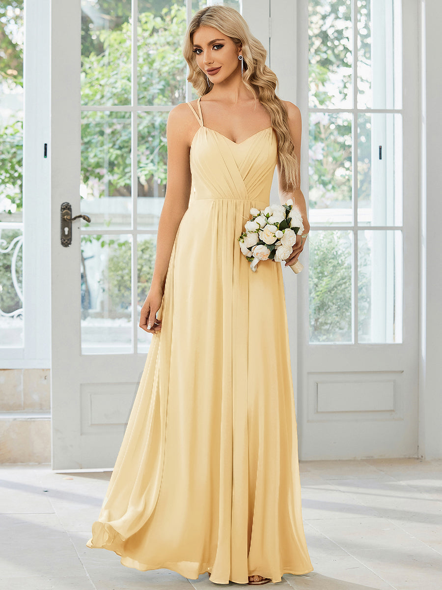 Chiffon and Lace Open Back Bridesmaid Dress with Spaghetti Straps #color_Yellow