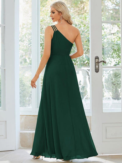 Flowy Chiffon One-Shoulder Dress with Spaghetti Strap in Dark Green #color_Dark Green