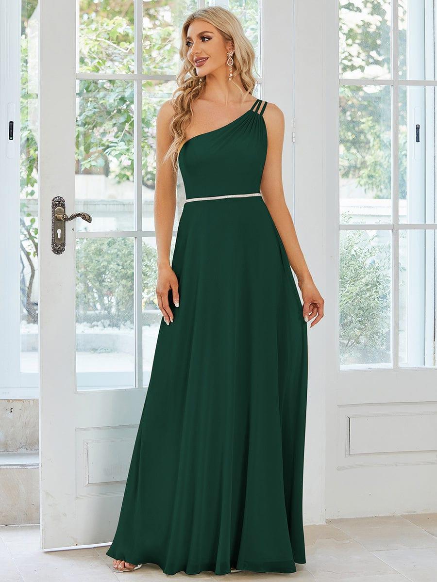 Flowy Chiffon One-Shoulder Dress with Spaghetti Strap in Dark Green #color_Dark Green