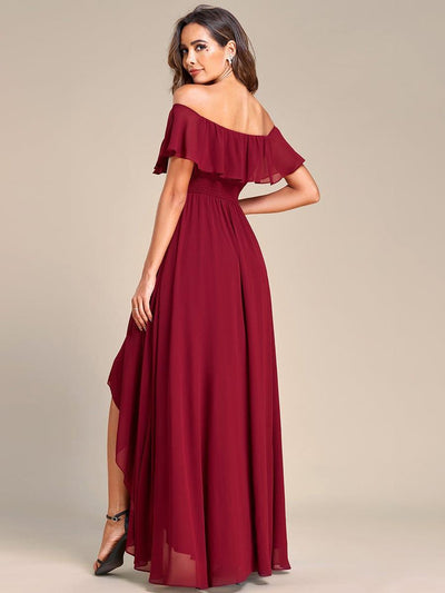 Chiffon Off-The-Shoulder High Low Bridesmaid Dress #Color_Burgundy