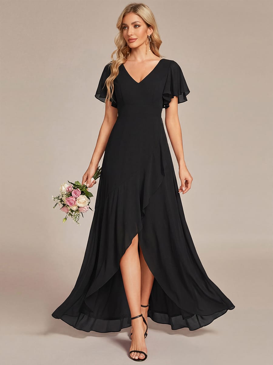 Charming Chiffon Bridesmaid Dress with Lotus Leaf Hemline #color_Black