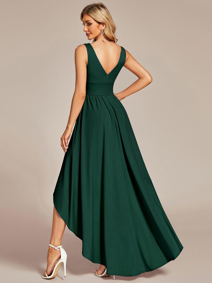 V-Neck Sleeveless High-Low Dress with Stretchy in Dark Green #color_Dark Green