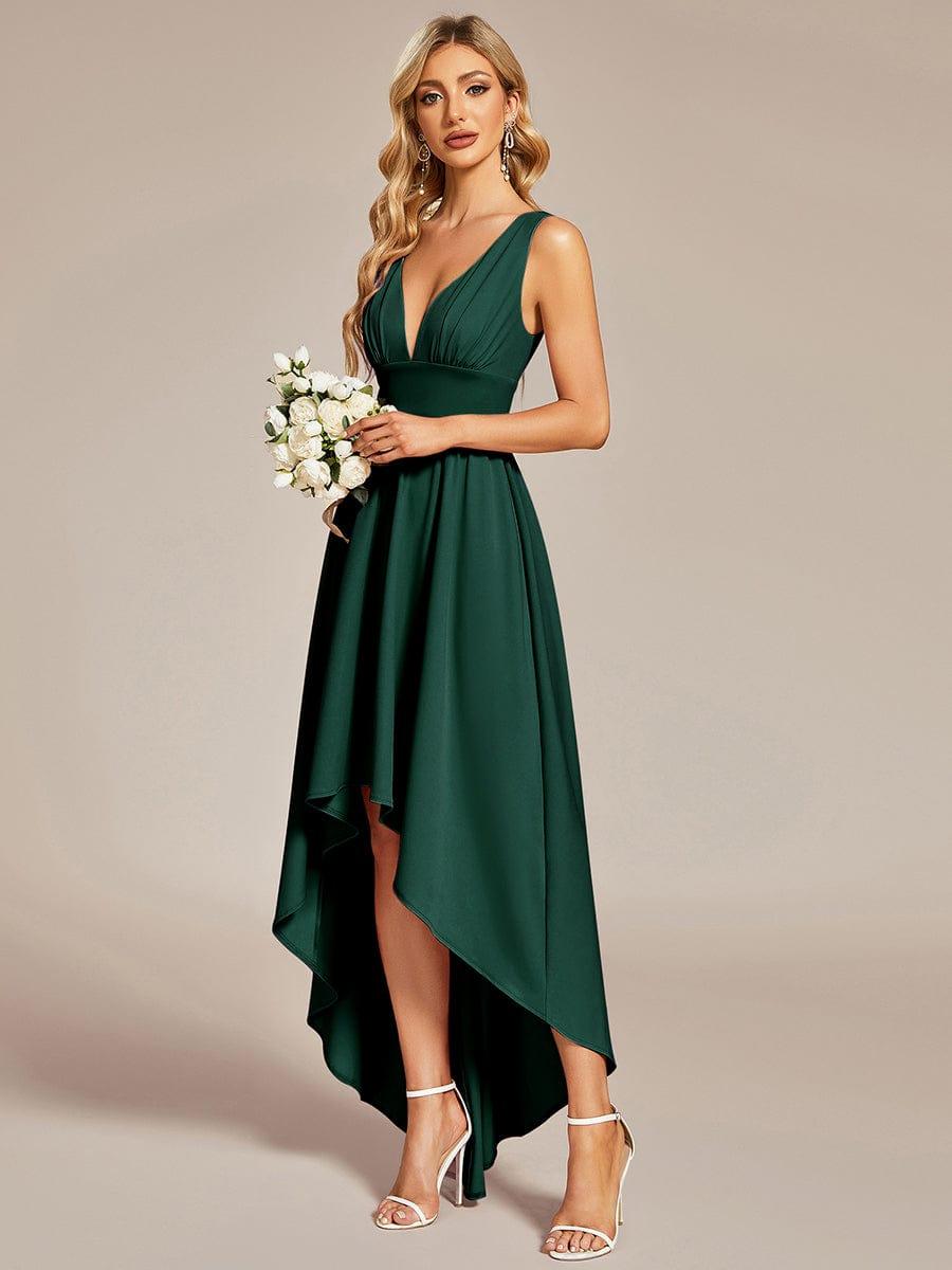 V-Neck Sleeveless High-Low Dress with Stretchy in Dark Green #color_Dark Green