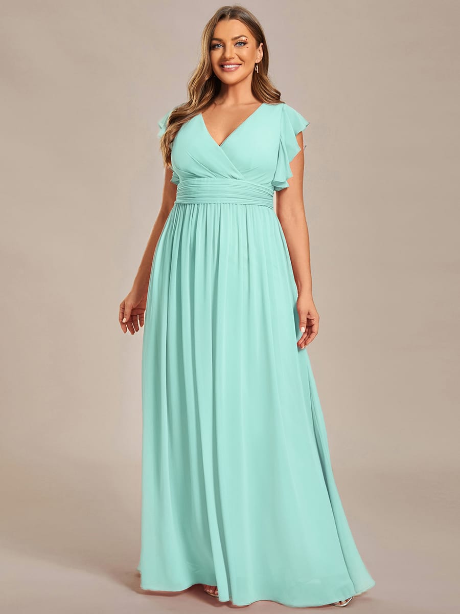 V-Neck Open Back Ruffled Sleeves Chiffon Bridesmaid Dress #color_Pastel Blue