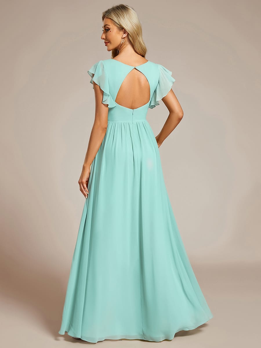 V-Neck Open Back Ruffled Sleeves Chiffon Bridesmaid Dress #color_Pastel Blue