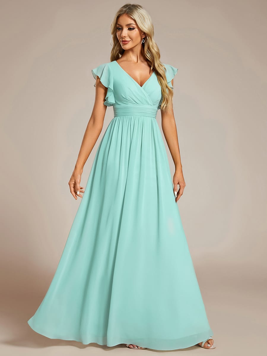 V-Neck Open Back Ruffled Sleeves Chiffon Bridesmaid Dress #color_Pastel Blue