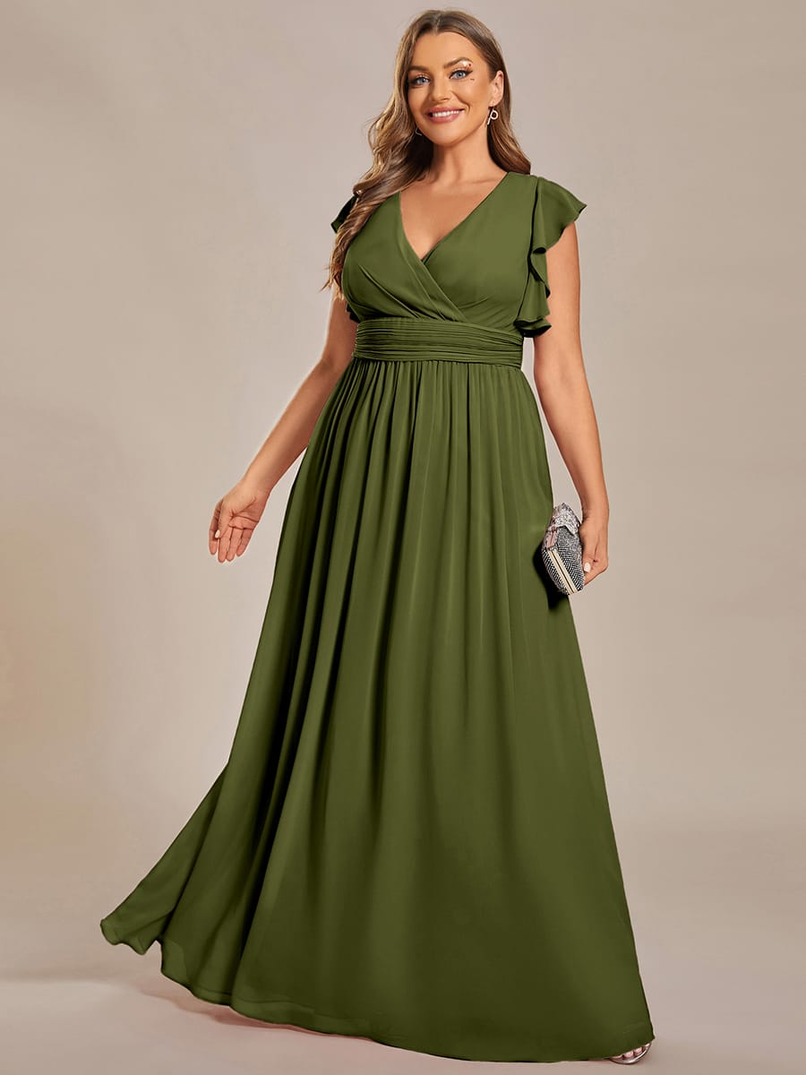 V-Neck Open Back Ruffled Sleeves Chiffon Bridesmaid Dress #color_Olive Green