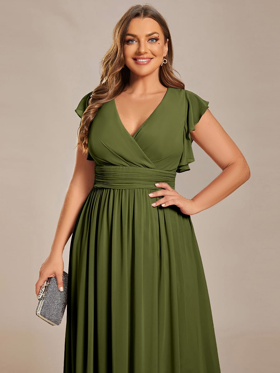 V-Neck Open Back Ruffled Sleeves Chiffon Bridesmaid Dress #color_Olive Green