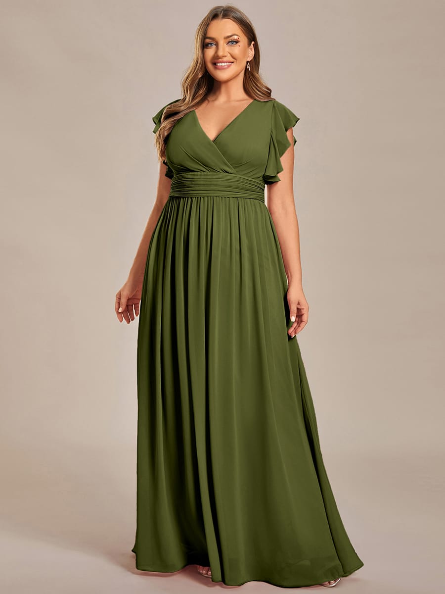 V-Neck Open Back Ruffled Sleeves Chiffon Bridesmaid Dress #color_Olive Green