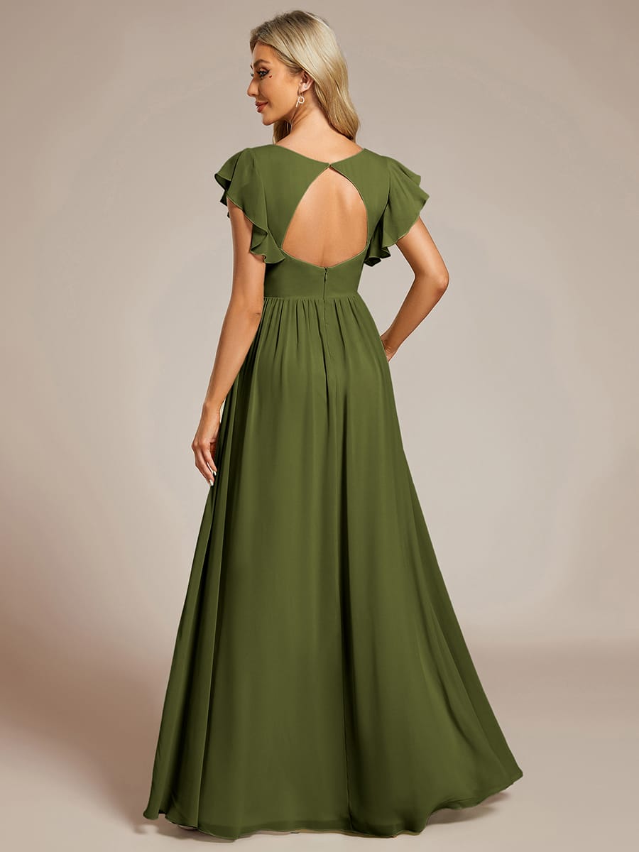 V-Neck Open Back Ruffled Sleeves Chiffon Bridesmaid Dress #color_Olive Green