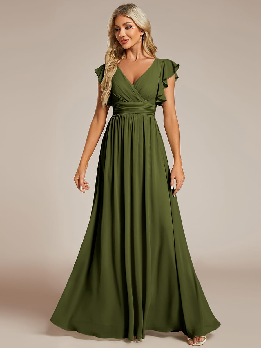 V-Neck Open Back Ruffled Sleeves Chiffon Bridesmaid Dress #color_Olive Green