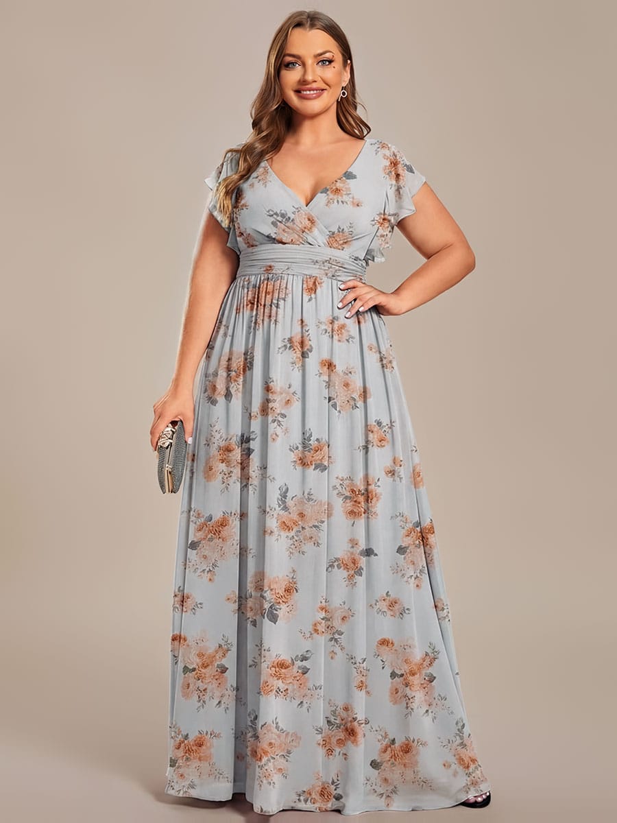 Elegant V-Neck Open Back Chiffon Bridesmaid Dress with Ruffled Sleeves #color_Amber Bloom