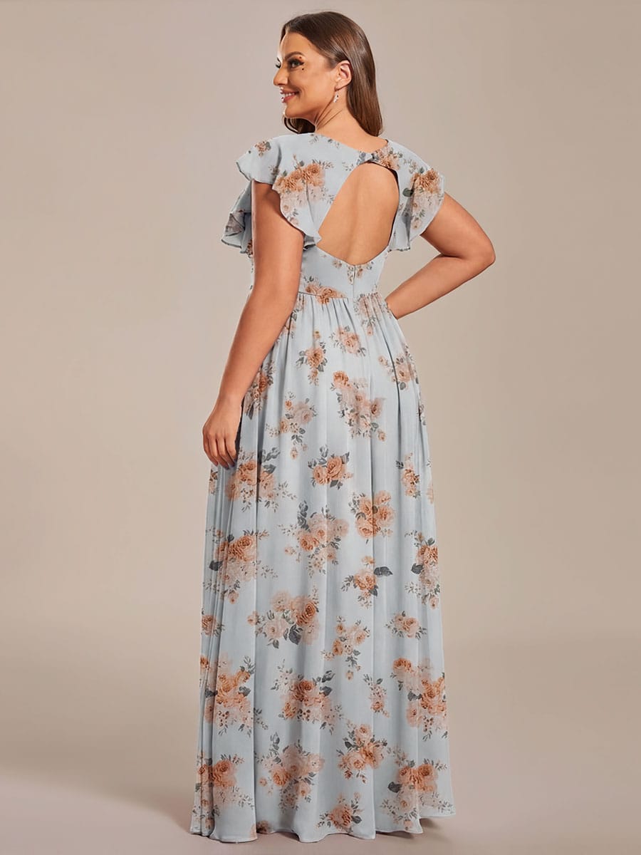 Elegant V-Neck Open Back Chiffon Bridesmaid Dress with Ruffled Sleeves #color_Amber Bloom