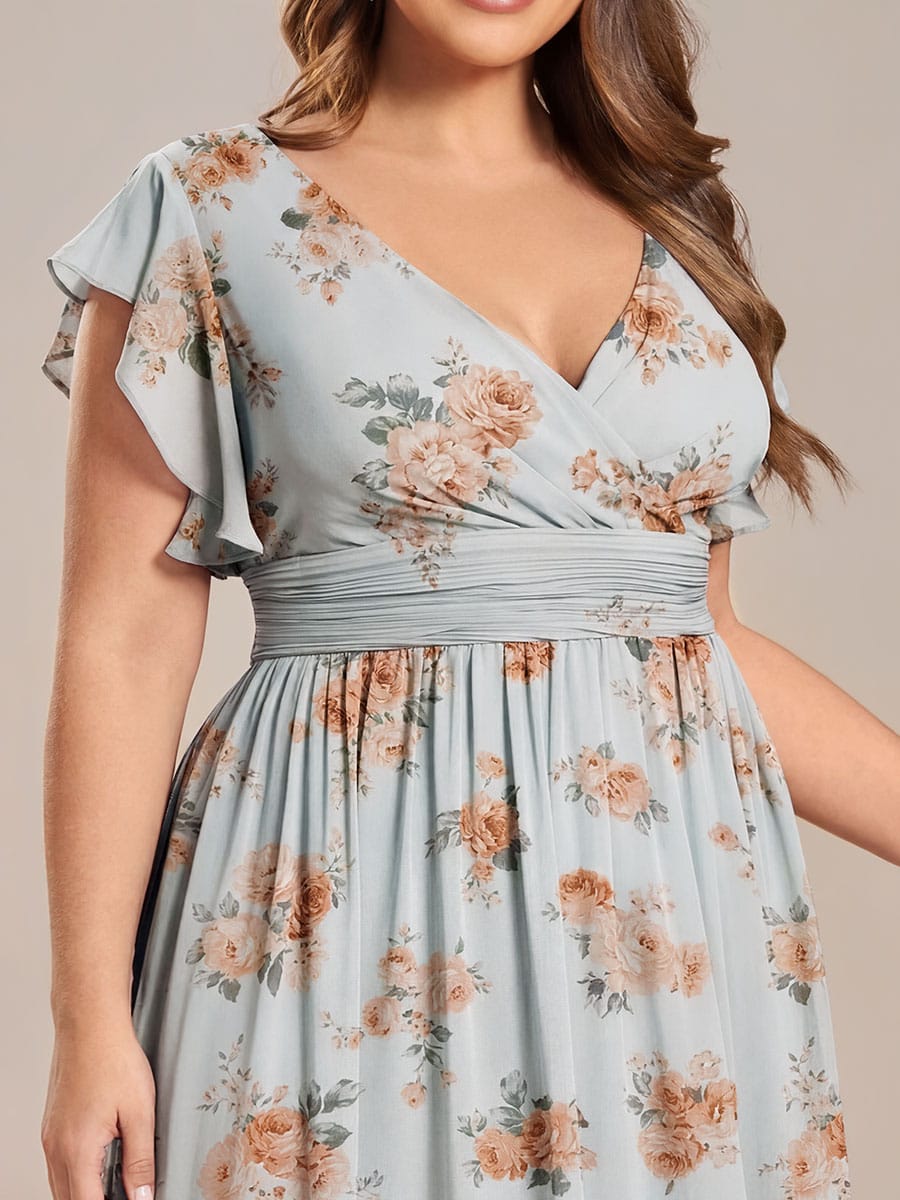 Elegant V-Neck Open Back Chiffon Bridesmaid Dress with Ruffled Sleeves #color_Amber Bloom