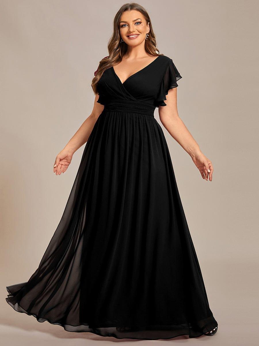 Elegant V-Neck Open Back Chiffon Bridesmaid Dress with Ruffled Sleeves #color_Black