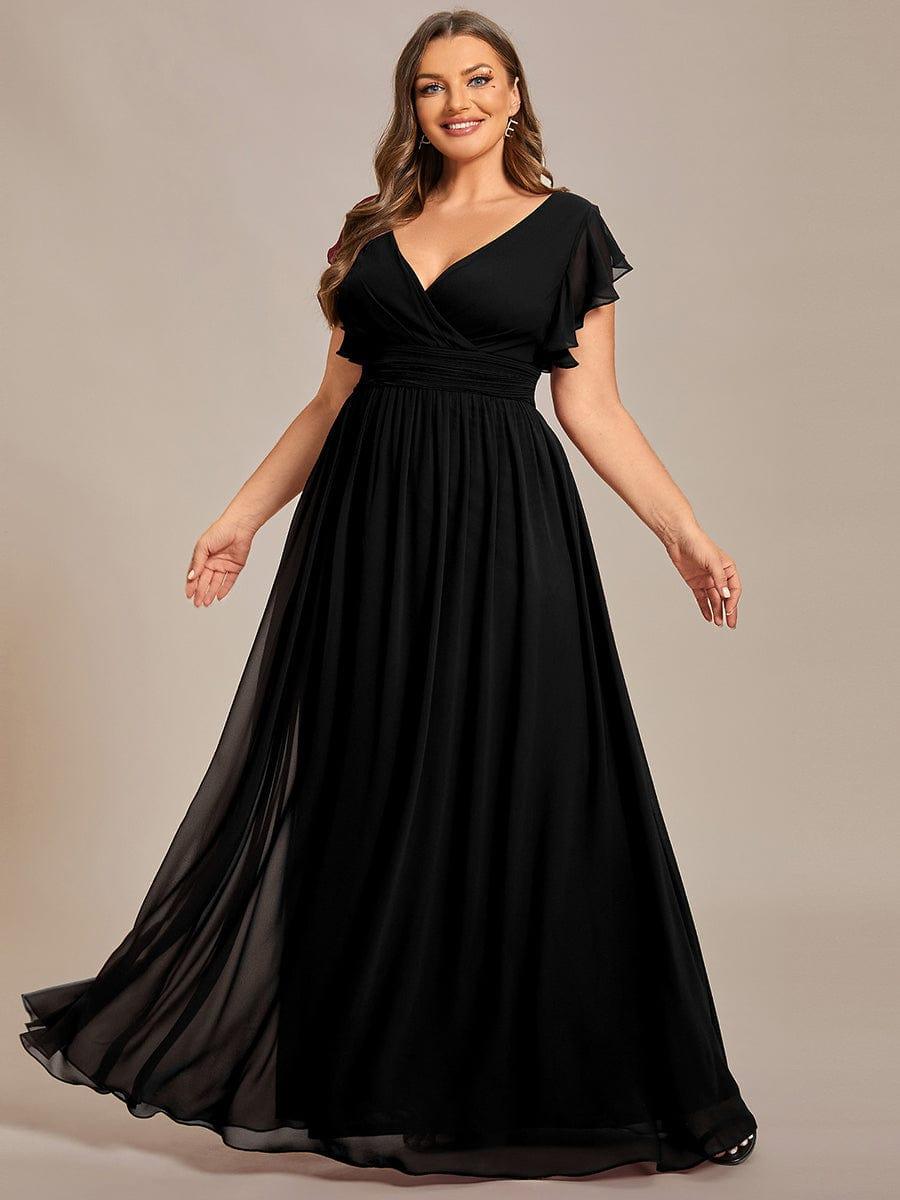 Elegant V-Neck Open Back Chiffon Dress with Ruffled Sleeves in Black #color_Black