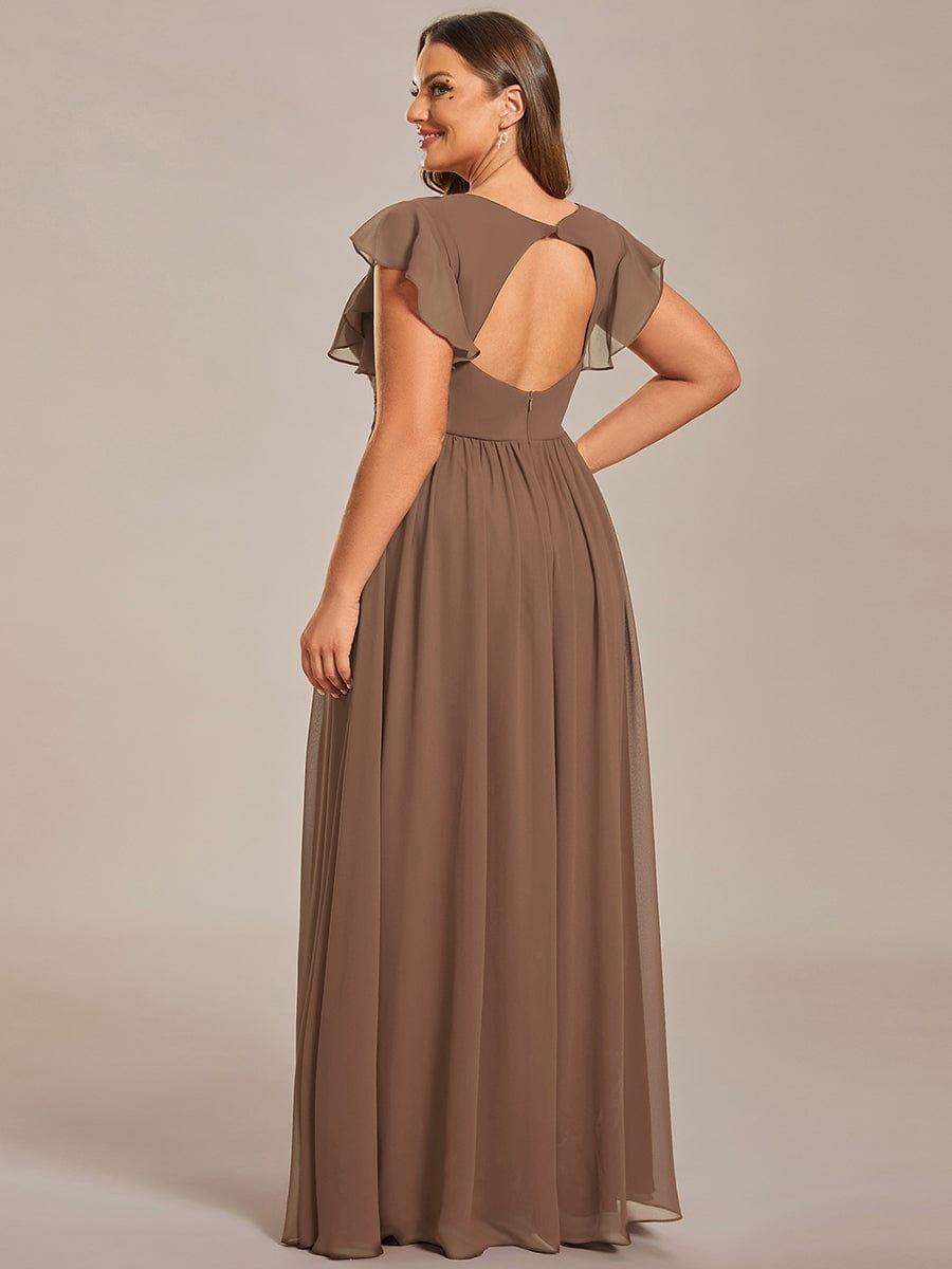 Elegant V-Neck Open Back Chiffon Bridesmaid Dress with Ruffled Sleeves #color_Brown