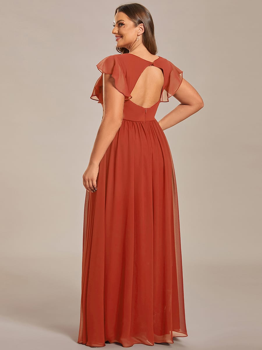 Plus Size V-Neck Open Back Ruffled Sleeves Chiffon Bridesmaid Dress #color_Burnt Orange