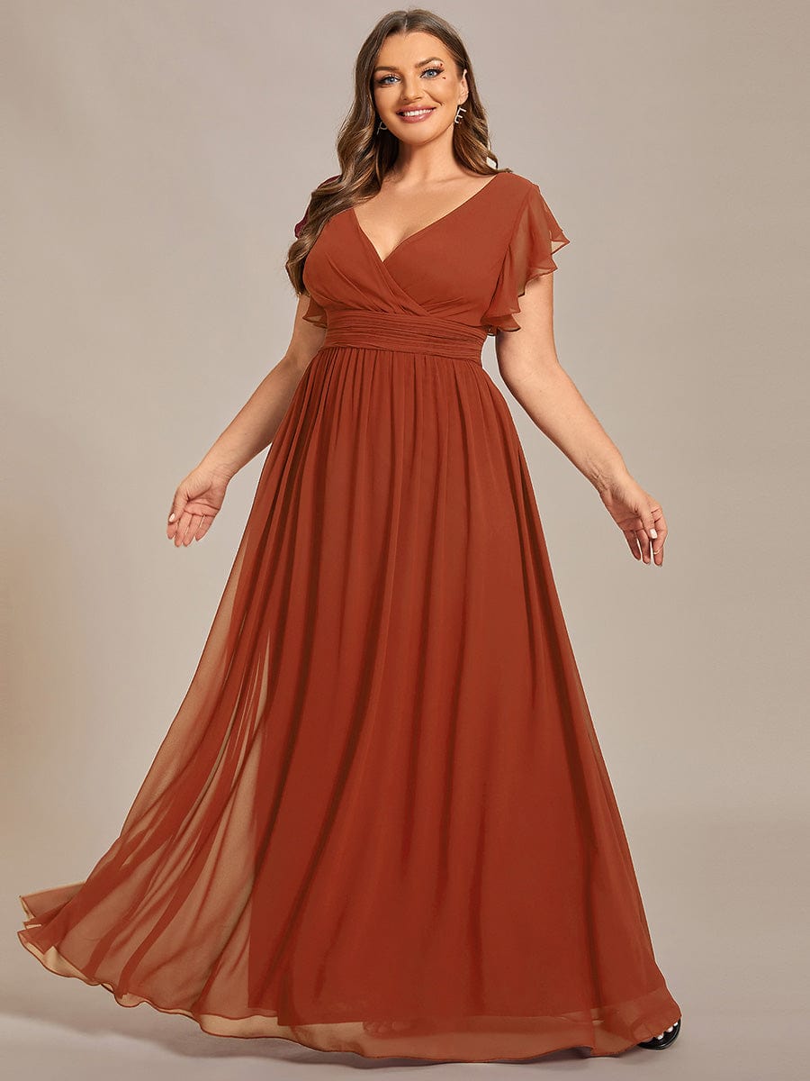 Elegant V-Neck Open Back Chiffon Bridesmaid Dress with Ruffled Sleeves #color_Burnt Orange