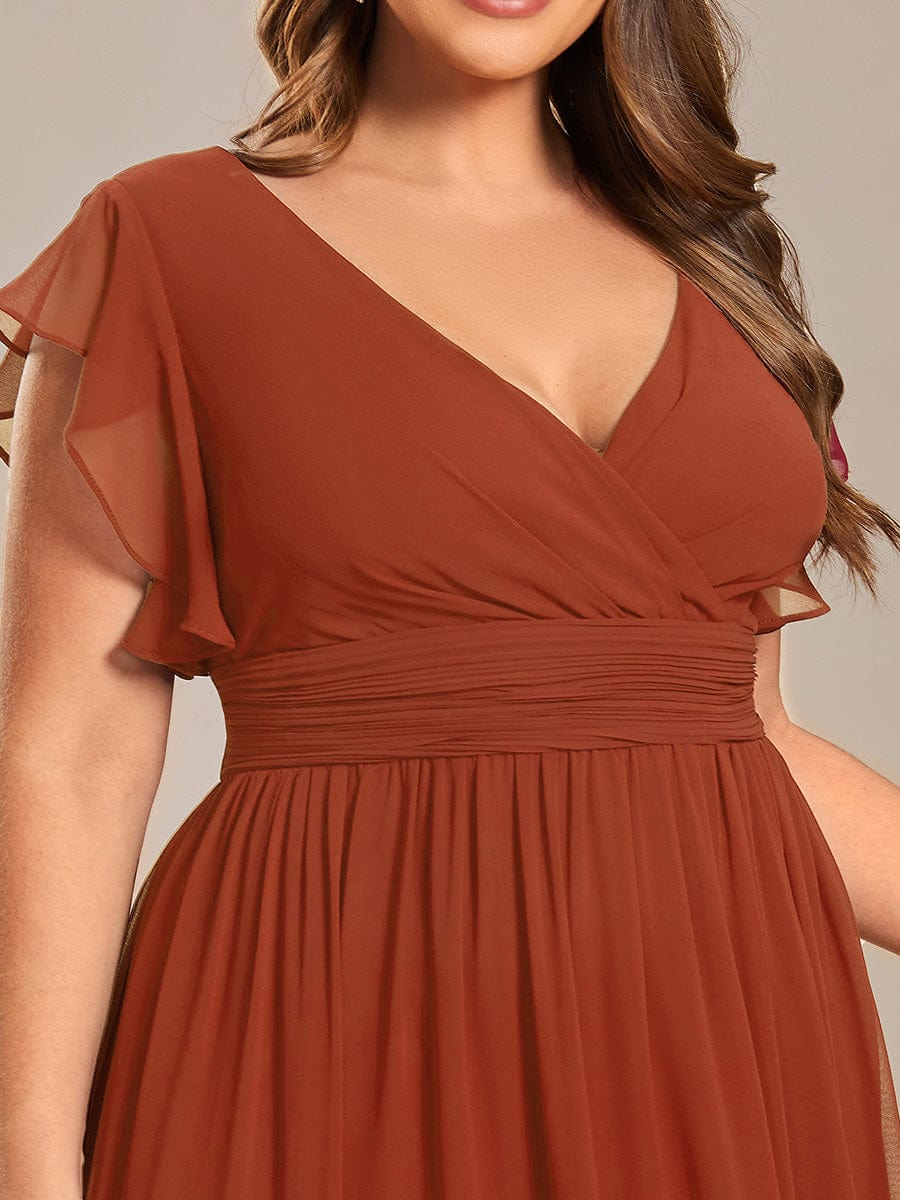 Elegant V-Neck Open Back Chiffon Bridesmaid Dress with Ruffled Sleeves #color_Burnt Orange