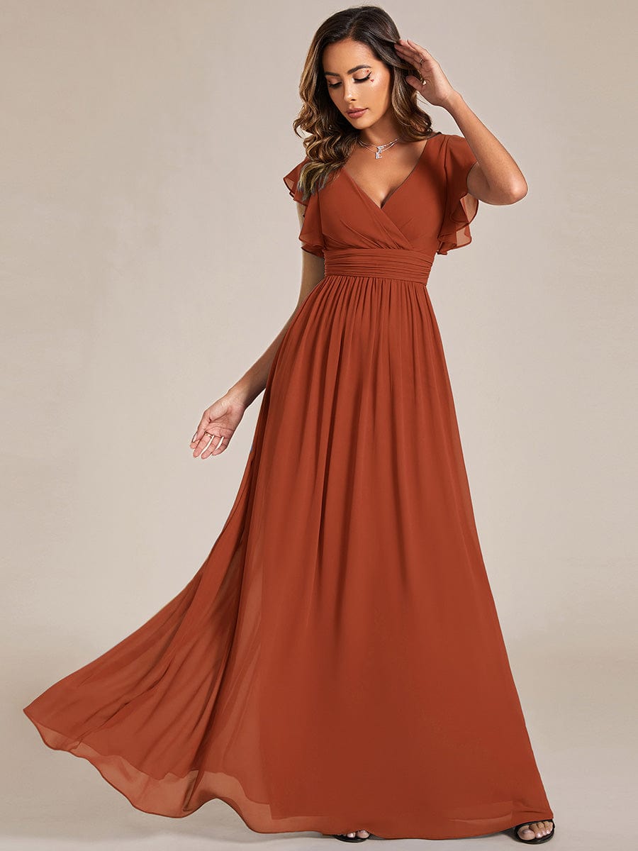 Elegant V-Neck Open Back Chiffon Bridesmaid Dress with Ruffled Sleeves #color_Burnt Orange