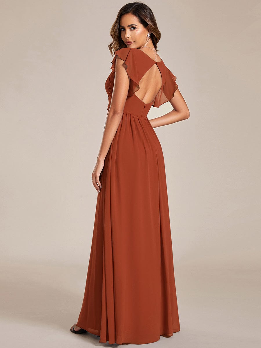 Elegant V-Neck Open Back Chiffon Bridesmaid Dress with Ruffled Sleeves #color_Burnt Orange
