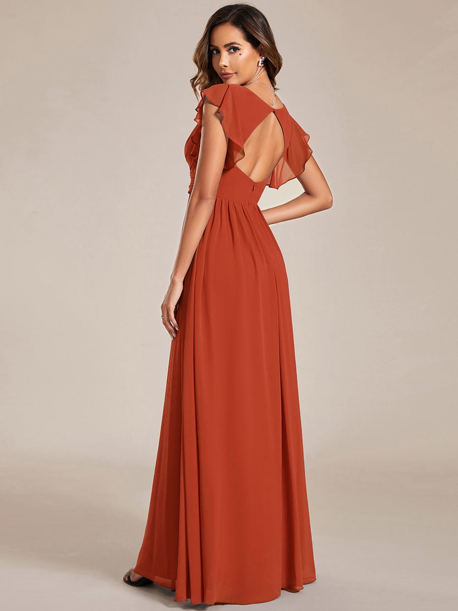Elegant V-Neck Open Back Chiffon Bridesmaid Dress with Ruffled Sleeves #color_Burnt Orange