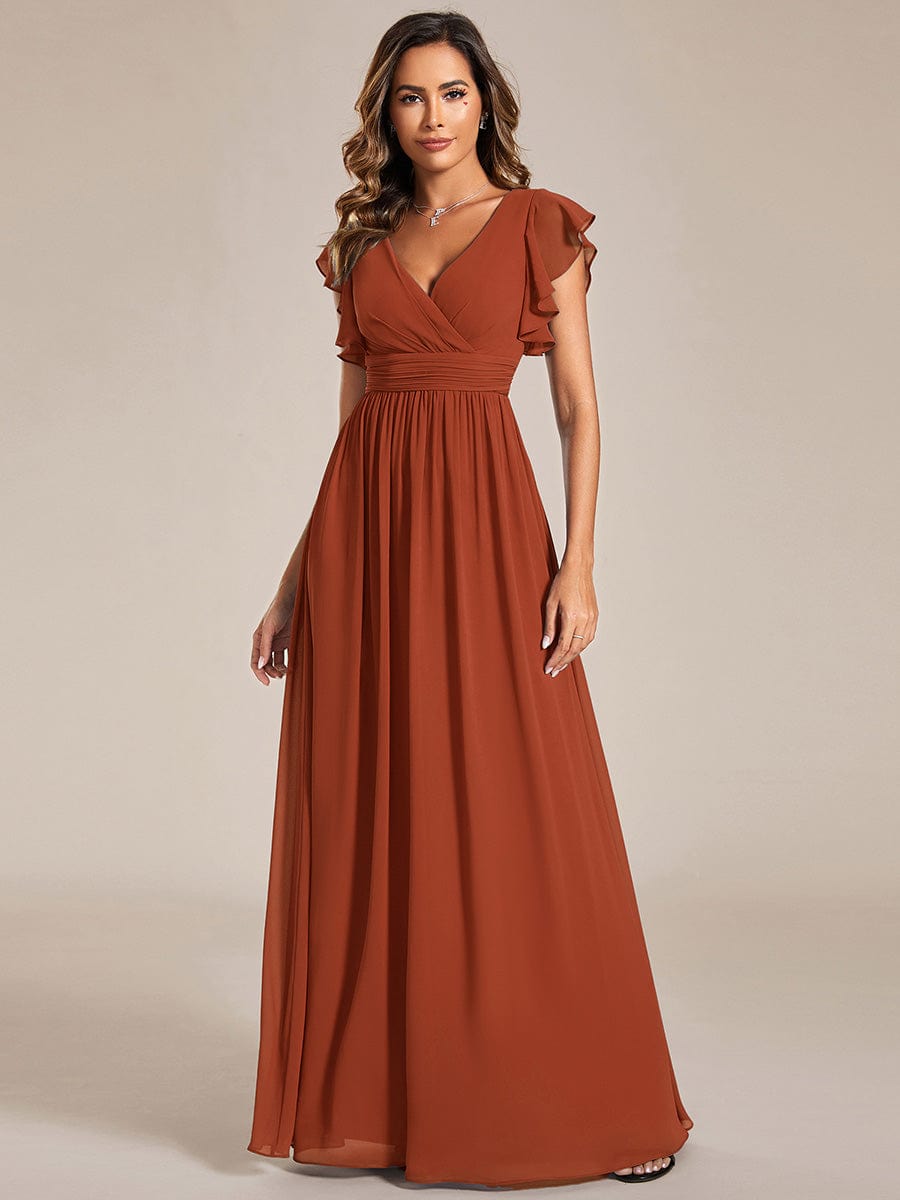 Elegant V-Neck Open Back Chiffon Bridesmaid Dress with Ruffled Sleeves #color_Burnt Orange