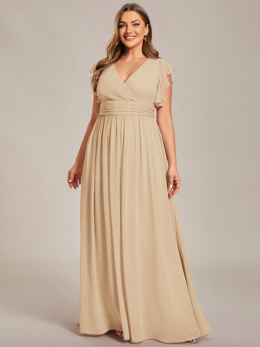 Elegant V-Neck Open Back Chiffon Bridesmaid Dress with Ruffled Sleeves #color_Champagne