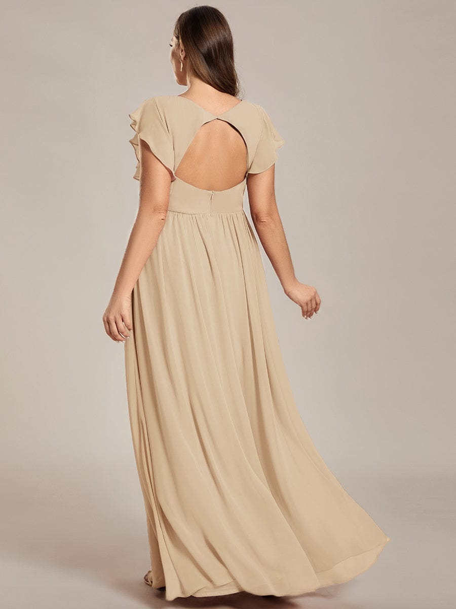 Elegant V-Neck Open Back Chiffon Bridesmaid Dress with Ruffled Sleeves #color_Champagne