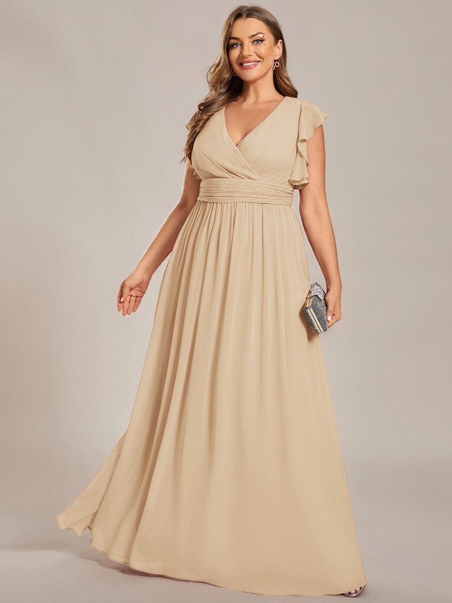 Elegant V-Neck Open Back Chiffon Bridesmaid Dress with Ruffled Sleeves #color_Champagne