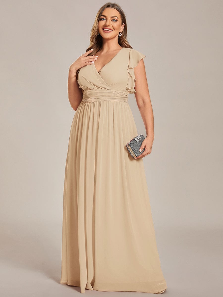 Elegant V-Neck Open Back Chiffon Bridesmaid Dress with Ruffled Sleeves #color_Champagne