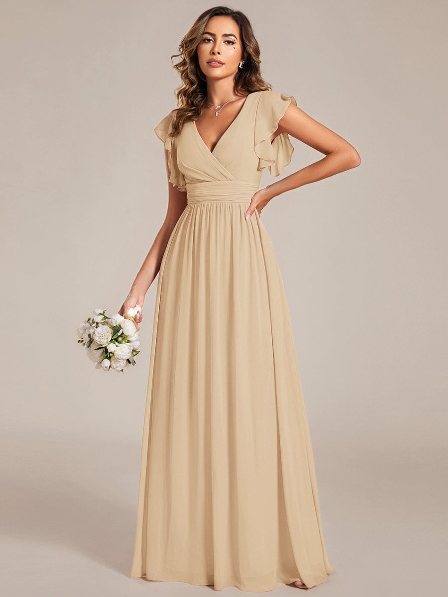 Elegant V-Neck Open Back Chiffon Bridesmaid Dress with Ruffled Sleeves #color_Champagne