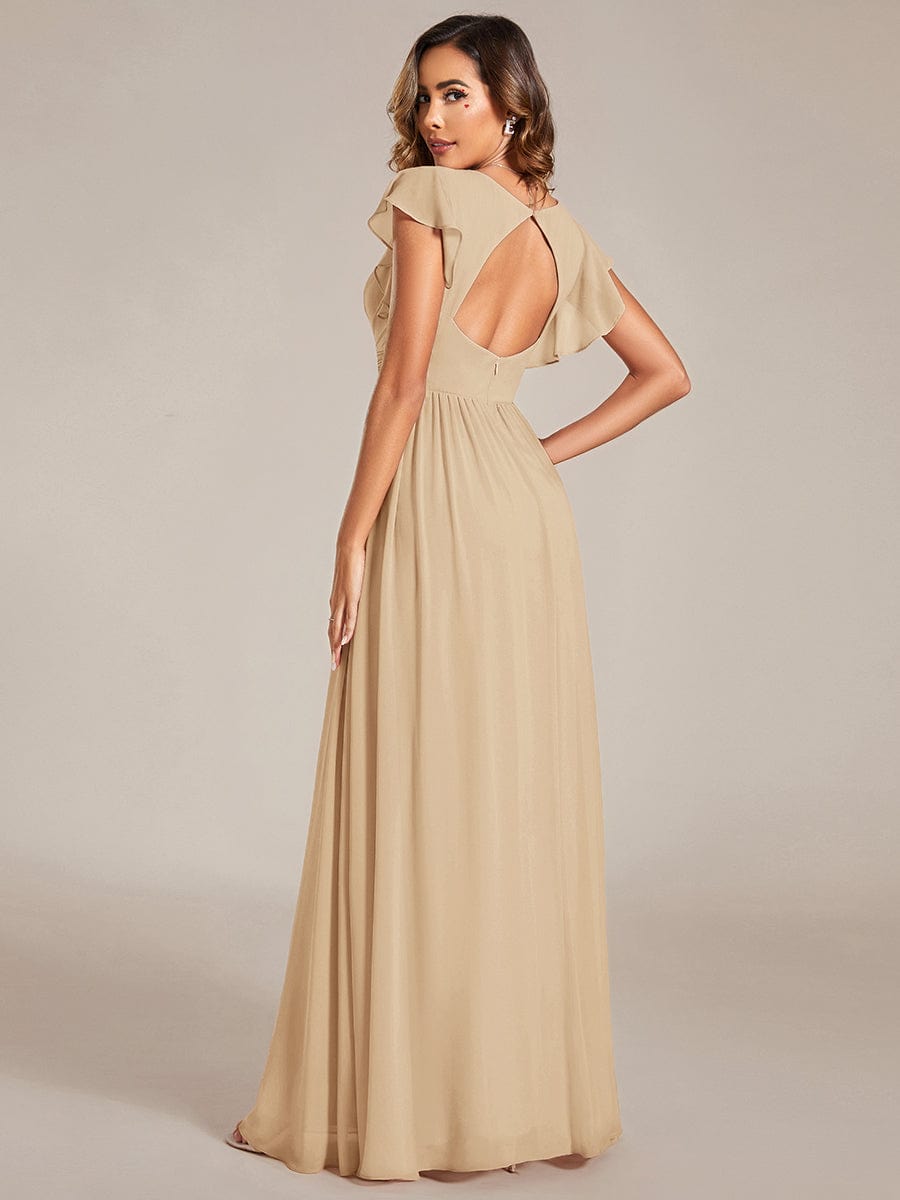 Elegant V-Neck Open Back Chiffon Bridesmaid Dress with Ruffled Sleeves #color_Champagne